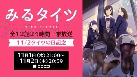 11月2日は“タイツの日”
アニメ『みるタイツ』全12話を
24時間にわたって繰り返す無料一挙放送が決定