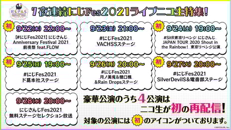 7夜連続「にじさんじ」特集
「にじさんじ Anniversary Festival 2021」
9/22～、ニコ生で人気公演の再配信が決定！